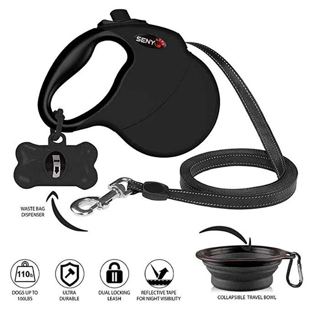 Pet Dog Leash 5M Durable Automatic Retractable Dog Leash Dog Bowl Dog Garbage Bag Set of Combinations Great for Medium&Large Dog: black
