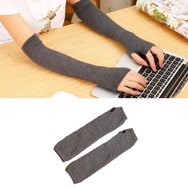 Lady Stretchy Soft Knitted Wrist Arm Warmer Long Sleeve Fingerless Gloves Striped Arm Warmers