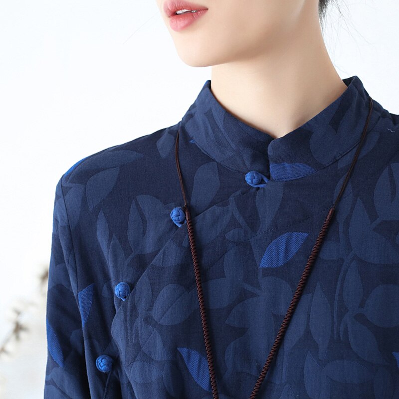 Johnature Jacquard Vintage Jurk Voor Vrouwen Katoen Linnen Chinese Stijl Gewaden Winter Stand Lange Mouwen Print Bloemen Jurk