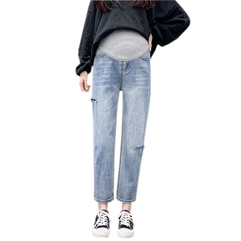 Graviditet mavebukser kæreste jeans barselbukser til gravide kvinder tøj høje talje bukser løs denim jeans: Blå hul / Xxl