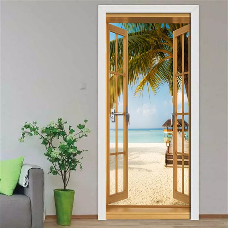 2 stks/set 3D Beach view van de seaStickers Deur Muur Sticker DIY Mural Voor Room Home Decor Poster PVC Waterdicht deur Sticker