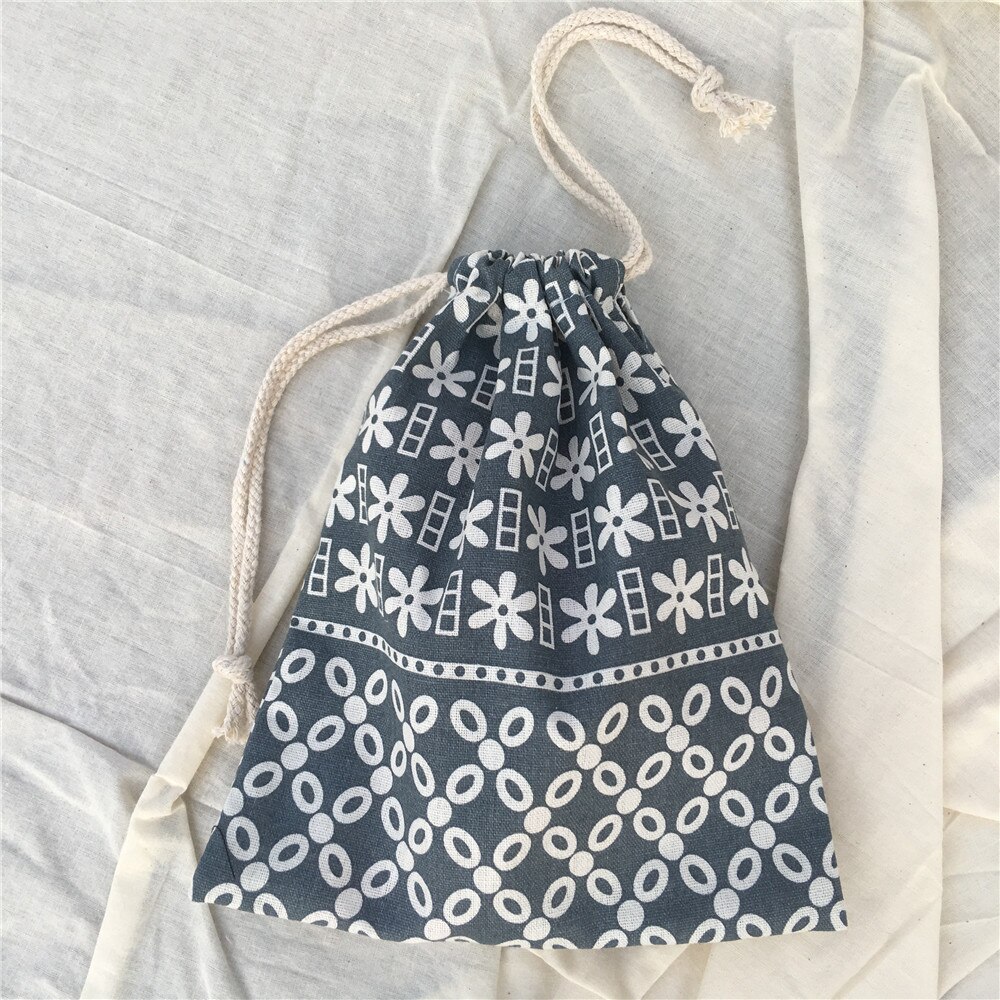 YILE Cotton Linen Drawstring Sorted Pouch Party Bag Grey Geometry Flower 8914e