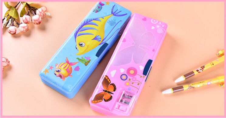 Plastic double-deck pencil box for pupils multi-purpose pencil box pencil bag with pencil sharpener on both sides: Pink