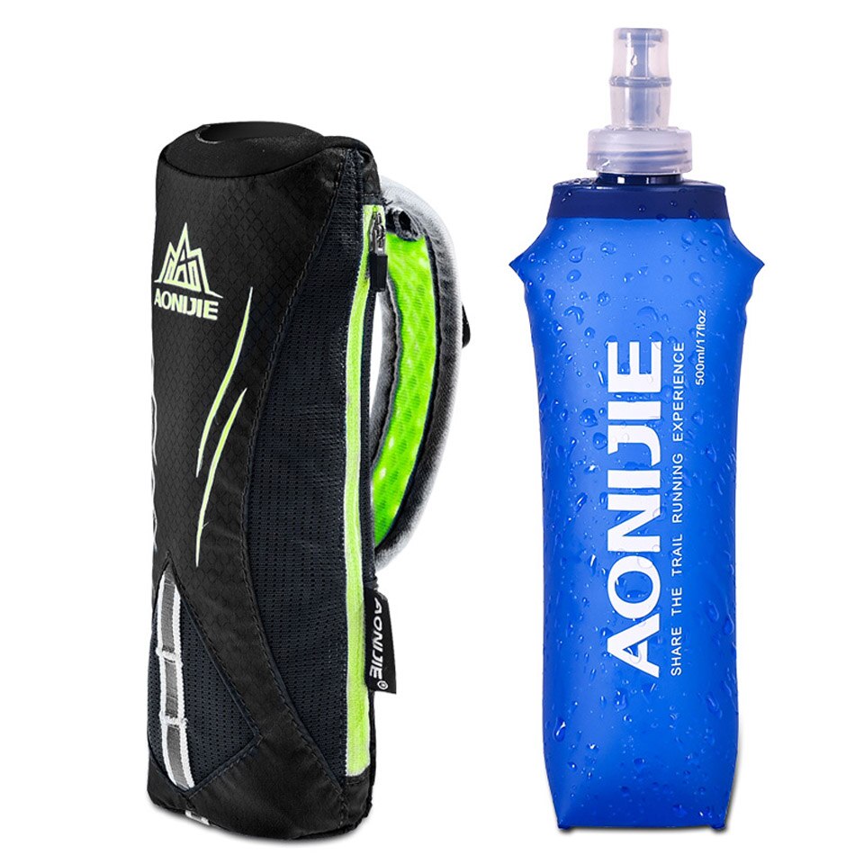 Aonijie waterdichte handzame sportketel voor buiten, marathonlooptelefoontas voor 5.5 inch telefoon, /500ml zachte waterflesjes: Zwart met fles