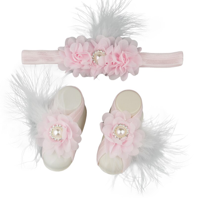 Baby Meisjes Bloem Sandaal Hoofdband Elastische Haarband & Peuter Barefoot Sandalen 1 Paar Baby Photo Prop Set
