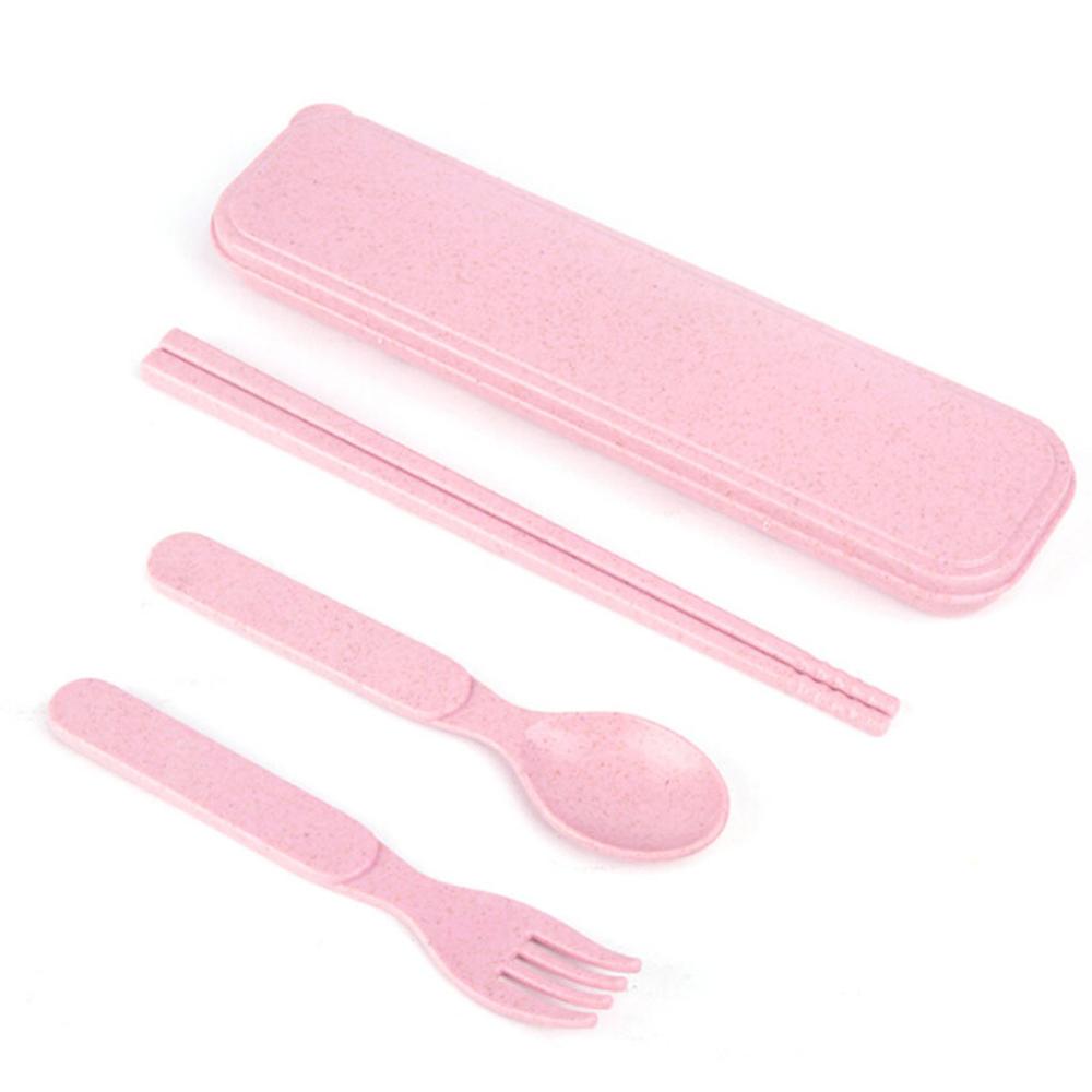 3 Stks/set Vork Lepel Servies Sets Reizen Bestek Draagbare Bestek Case Japan Stijl Student Tarwe Stro Keuken Servies: pink