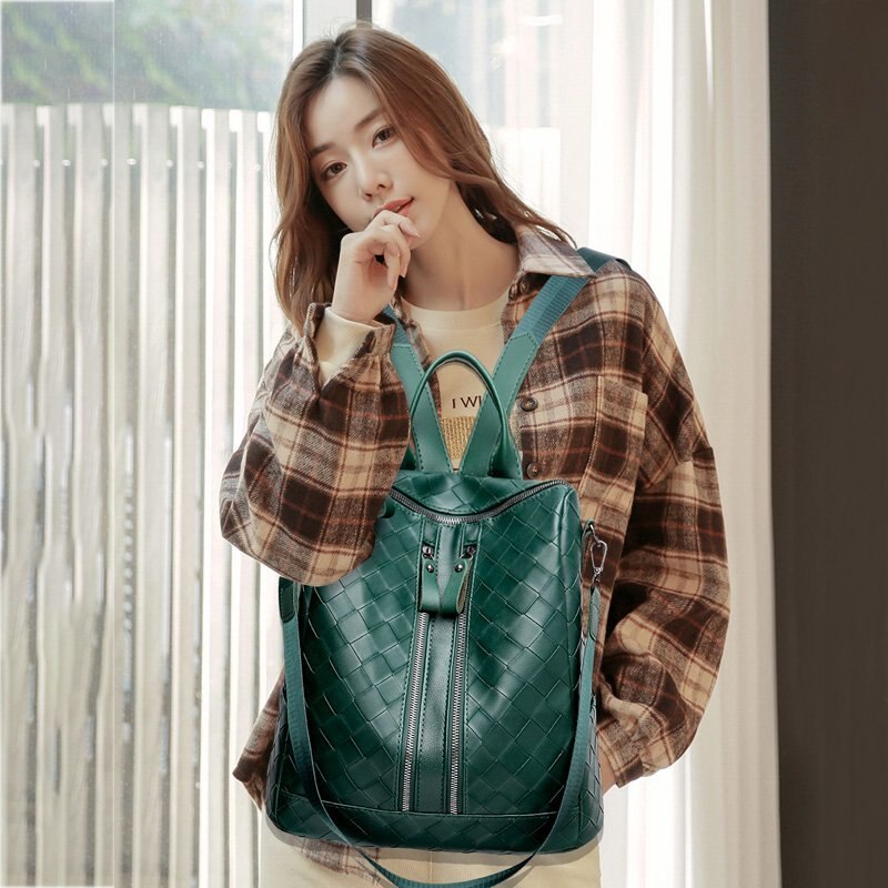 Green Women Backpack Leather School Backpacks for Teenage Girls Large Travel Shoulder Bags Mochila Feminina Rucksack Bag
