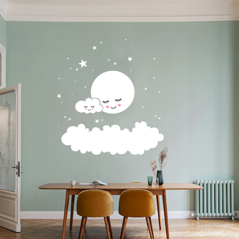 MURAL de estrellas de Luna, pegatina artística de pared DIY, papel tapiz de nubes para dormitorio infantil, calcomanías de pared para niños, niñas, bebés, decoración del hogar