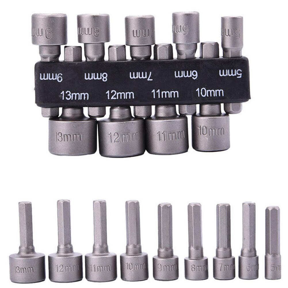 9 stuks 1/4 "Hex Shank Schroevendraaier Moer Driver Boor Socket Wrench Schroef 5-13mm Magnetische Moer driver Set Socket Adapter