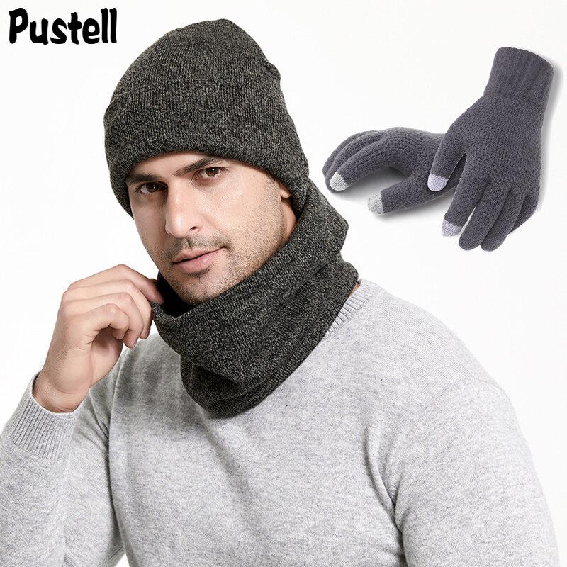 Winter Men Hats Scarves Gloves Set Knitted Plus Velvet Hat Scarf Set Kit Male 3 Pieces/Set Beanies Scarf Glove
