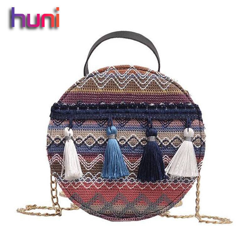 HUNI Women Bag National Wind Small Bags Female Tassel Portable Round Bag Woven Shoulder Bags