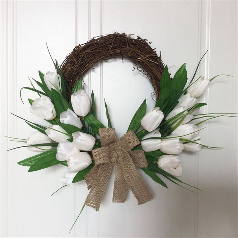 Artificial Flowers White Tulip Wreath Spring Wreath Outdoor for Front Door