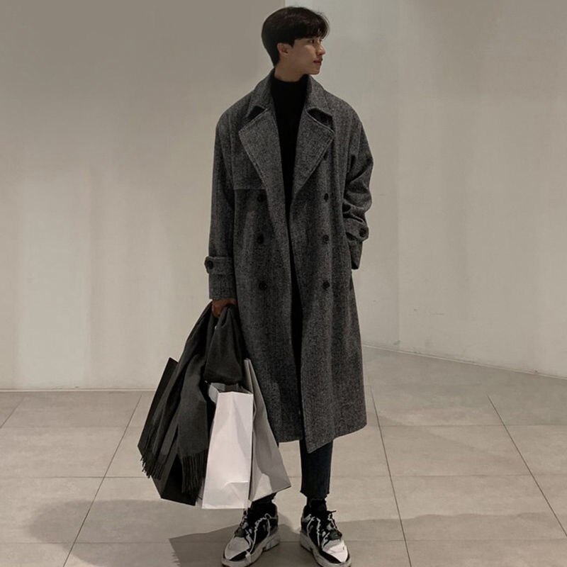 Abrigo de lana para hombre, algodón suelto por encima de la rodilla, largo medio, estilo coreano, tubo recto negro, 2022: Gray / XL