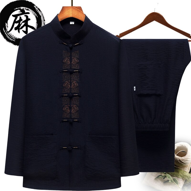 Katoenen linnen tweezijdige traditionele chinese outfit tang-pak met lange mouwen hanfu-top kungfu-jas + broek uniform voor mannen: Kleur 2 / M