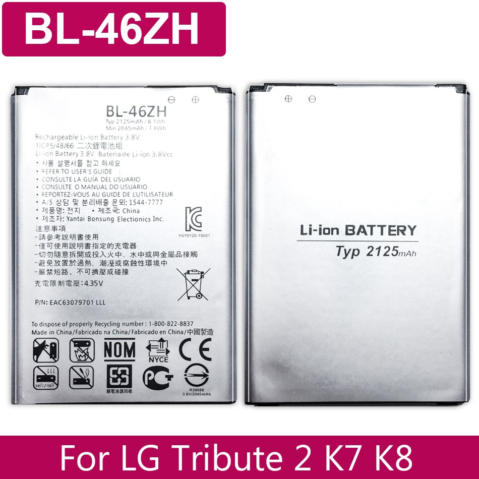 BL-46ZH Batterij Oplaadbare Li-Ion Polymeer Batterij Voor Lg Leon Tribute 2 K7 K8 LS675 D213 H340 L33 X210 Bl 46ZH batterij 2125Mah