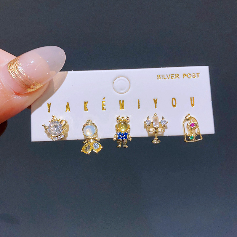 Gemischte 5 teile/satz Bunte Zirkon Kristall Märchen Zucht Ohrringe für Frauen Mädchen Party Schmuck: Antikes Kupfer überzogen