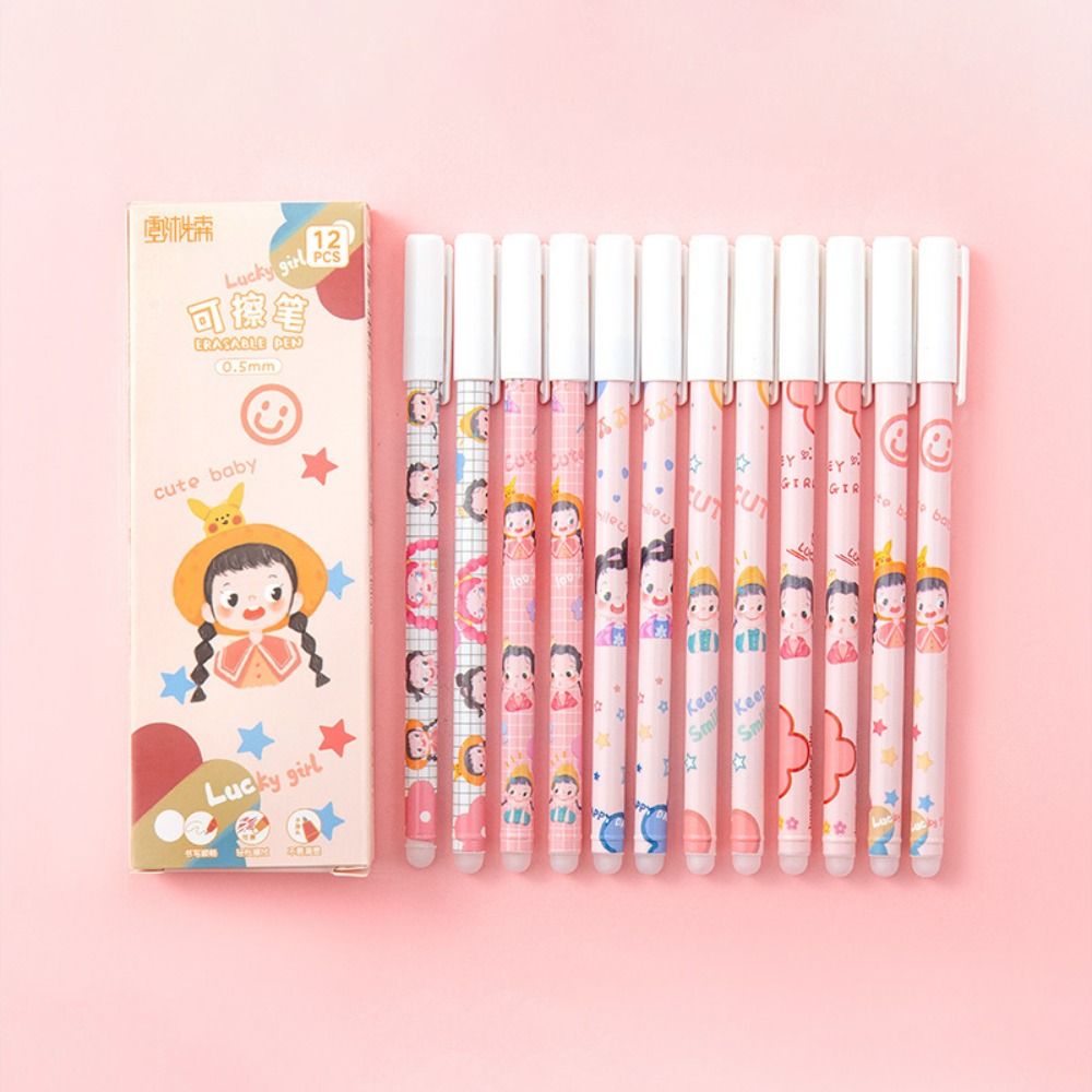 12PCS/Box 0.5mm Blue Ink Ballpoint Pen Bear Peach Astronaut Quick Drying Erasable Pen Gel Pens School Office Supplies: Red