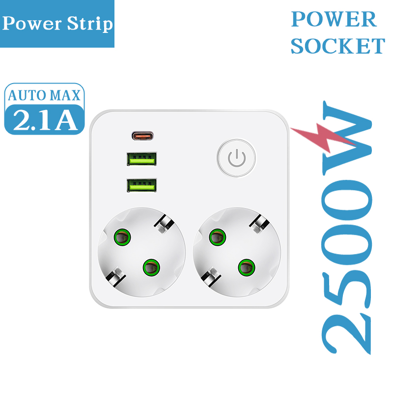 Eu-uttag 2 uttag multitap-vägggrenuttag eluttag utan förlängningssladd med 2 usb 1 typ-c-portar 2500w maxeffekt: Vit