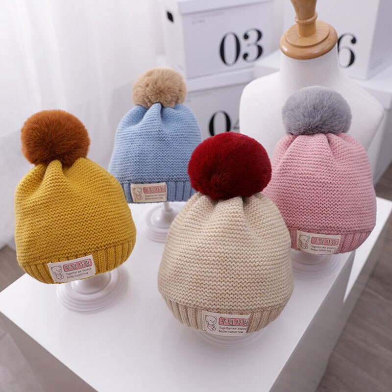 Doitbest 1 to 4 år gamla baby barn mössa hår boll enfärgad 2 st pojkar flickor vinter stickad hatt halsduk set