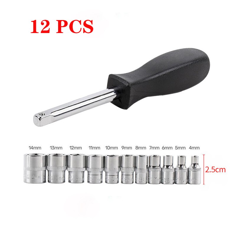 1/4" Drive Inch Hex Socket Wrench Head 25mm/50mm Long 6 Point Socket Set 4-14mm Nut Driver Wrench Ratchets Extension Socket Bar: 12PCS -25mm length