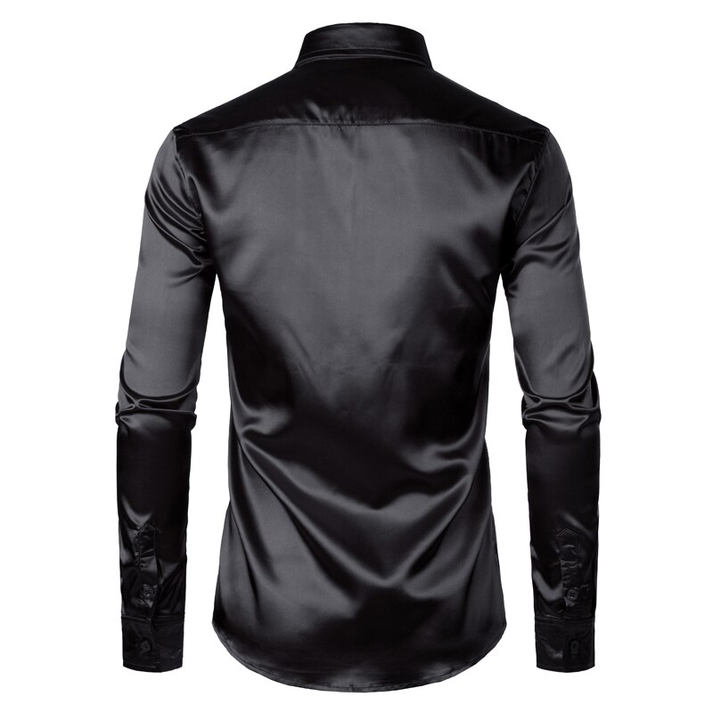 Chemise en satin noir pour homme, vêtement en soie lisse, coupe mince près du corps style smoking, idéal pour une fête décontractée, un mariage ou un bal, collection luxe