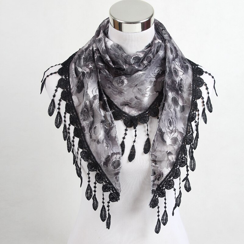 Women Triangle Scarf Lace Floral Summer Beach Tassel Scarves Chiffon Silk Wrap Pashmina Stole Foulard Hijab SJJ02