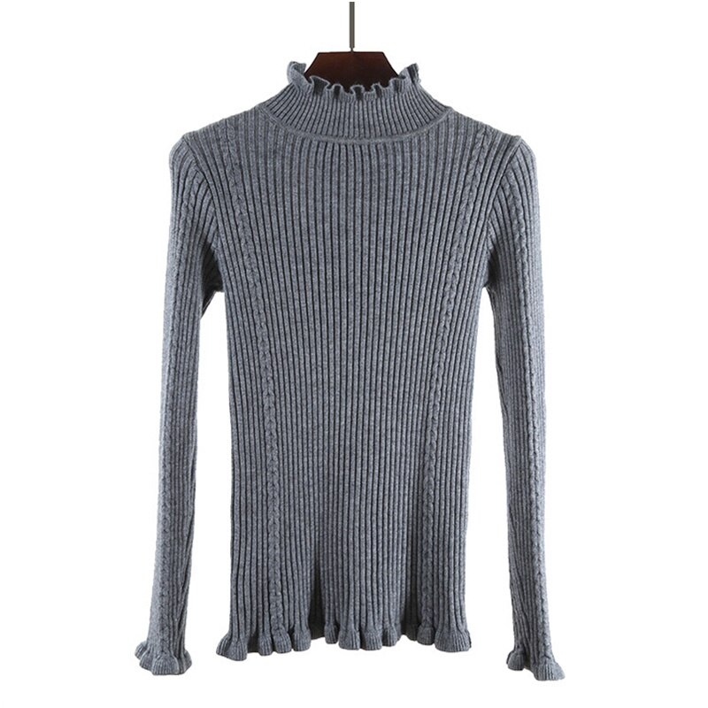 Wood Ears Turtleneck Solid Cotton Knitted Autumn Sheath Purple Sweater Women Long Sleeve Winter Casual Slim Pullover Tops: Gray