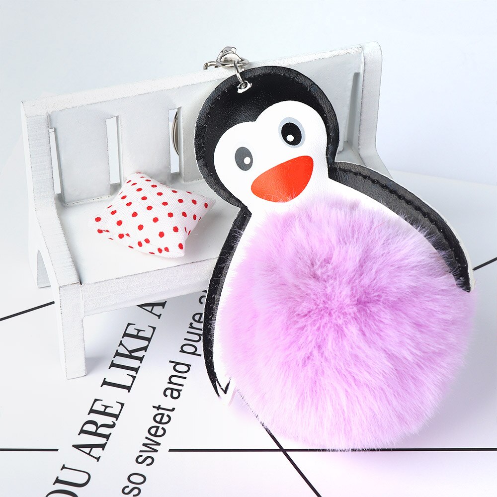 Pluizige bal schattige harige pinguïn sleutelhangers sleutelhanger voor vrouwen meisjes tashanger bont auto sleutelhanger sleutelhangers pompon: Paars