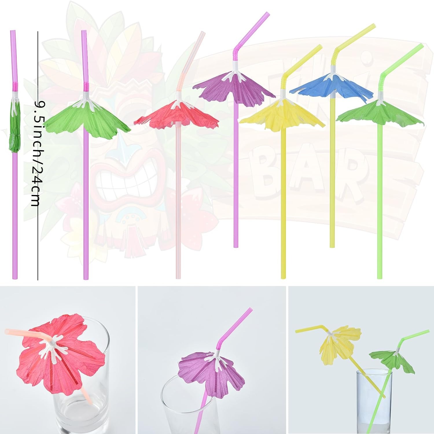 50 Uds pajitas de paraguas, paraguas de bebidas de cóctel pajitas de barra de flores elegantes, pajitas de hawaiana Tropical Summber Beach Luau Tiki