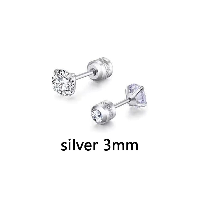 1 Pair 3-6mm Stud Earrings Set Hypoallergenic Double Round Cubic Zirconia Stainless Steel CZ Girls Women Earrings: silver 3mm