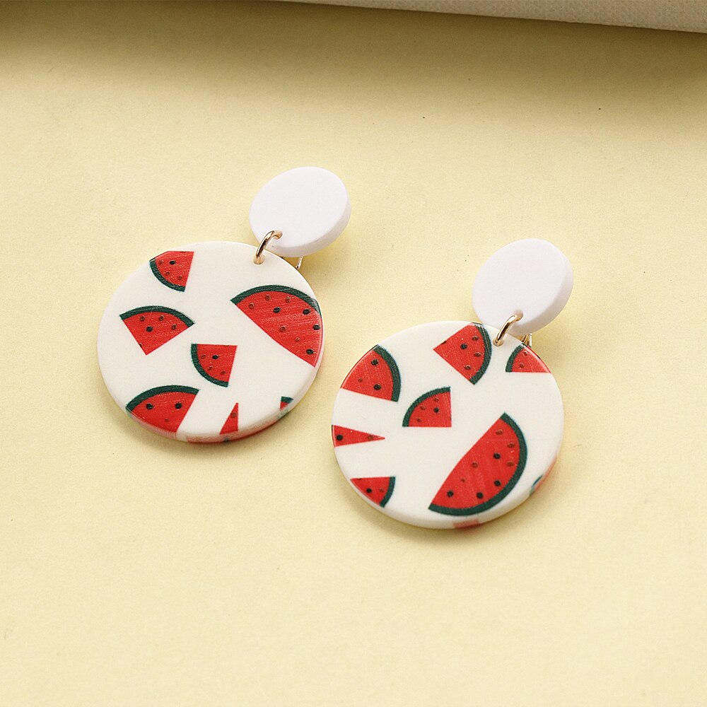 Round Watermelon Print Cute Fruit Earrings Classic Trendy Pink Blue Unique Dangle Earring Statements Vintage Jewelry: White