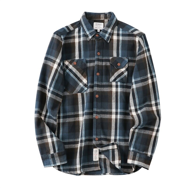 Unisex Long Spring Autumn Plaid Blue Brushed Flannel Shirt Jackets for Men Vintage Thick Urban Street Wear