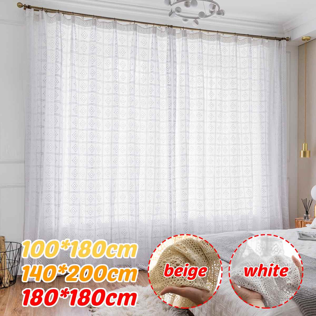 Moderne ajouré dentelle rideaux pour salon Beige/blanc tricot évider fenêtre rideaux pour balcon peut être nappe