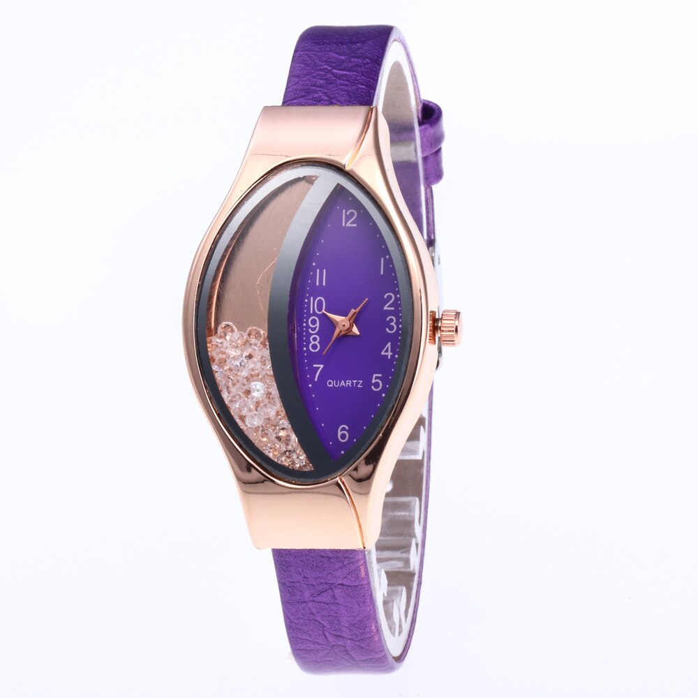 Unique Ladies Quartz Movement Watch Oval Half Moon Dial Half-side Rhinestone Ball Quicksand for Woman Leather Strap: Purple
