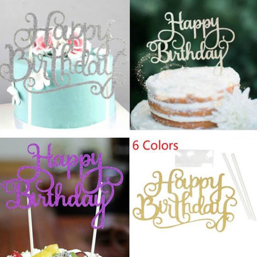 Gold Silver Blue Cupcake Cake Topper Happy Birthday Cake Top Flags for Love Family Birthday Party Baking Decoration Supplies