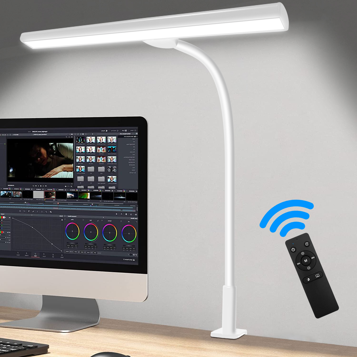 Een Bureaulamp Met Klem, 3 Kleurmodi, Flexibele Zwanenhals Klemlamp, Oogverlichting 18W Touch + Afstandsbediening Kleurhelderheid: S / Ivoor
