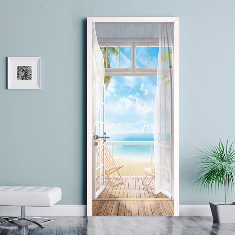 PVC Self-Adhesive Waterproof Door Sticker Modern Seascape Outside Mural Wallpaper Living Room Bedroom Door Poster 3D Home Decor