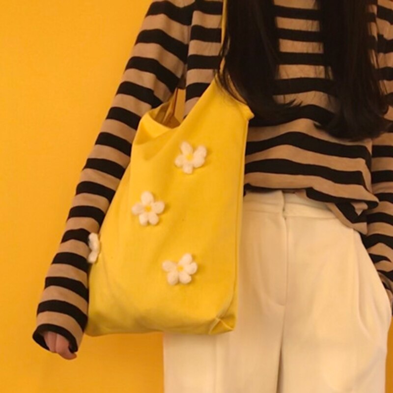 Female Canvas Cloth Shoulder Bag Ladies Corduroy Shopping Bag Environmental Storage Handbag Reusable Foldable Eco Grocery Totes: yellow