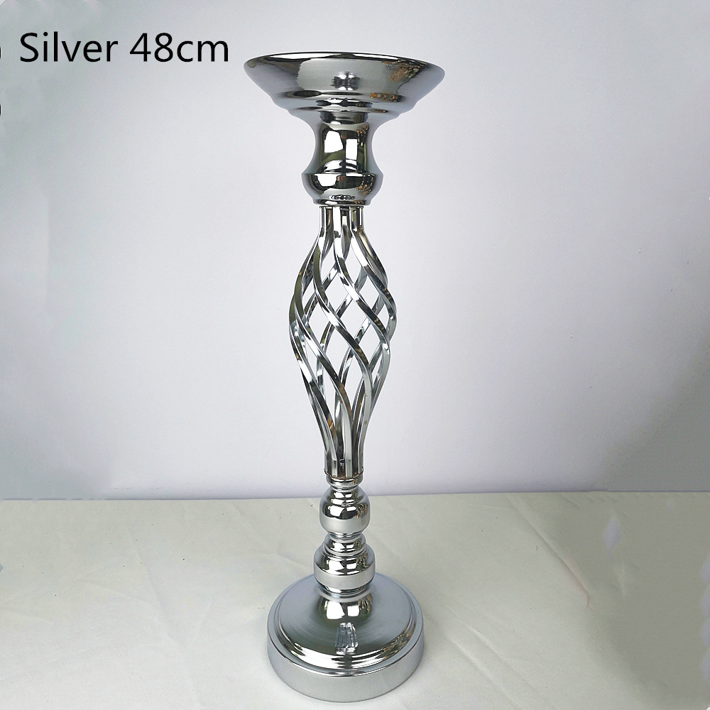 IMUWEN Hollow Gold/ Silver Metal Candle Holder Wedding Table Centerpiece Flower Vase Rack Home Hotel Road Lead Decor: Silver 48cm