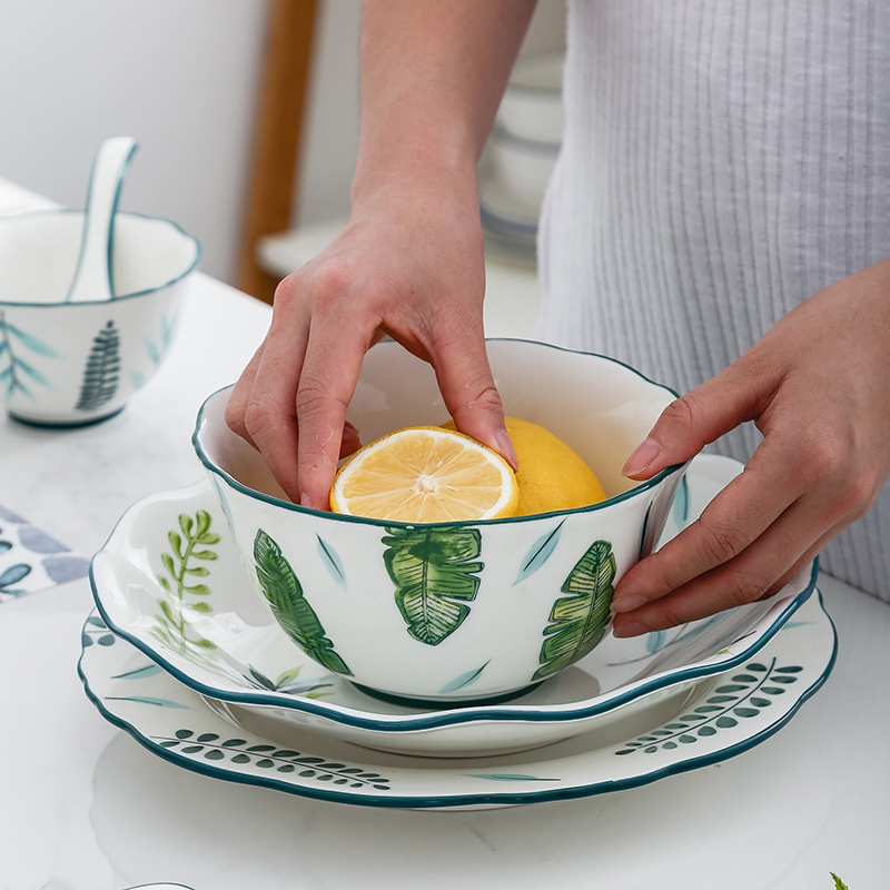 Porcelain Dinner Plate Set Round Green Plants Dish Sets Ceramic Cake Dessert Plate Bowl Mug Cups Dinnerware Decorative Flatware