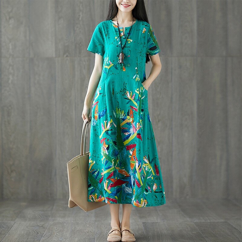 Etniske kjoler sommerkjole vintage femme kortærmet lang kjole print folklore retro vestido kjole i kinesisk stil  ta1646