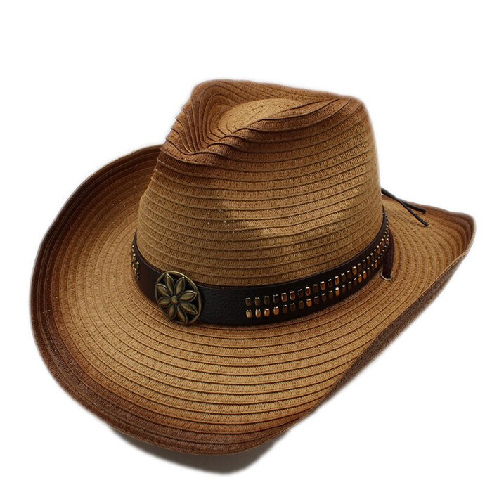 Dames heren stro holle western cowboyhoed voor heer cowgirl jazz kerk pet vader zomer sombrero strand zonnehoed: Lichte koffie