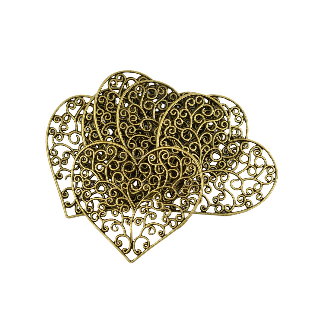 6 Stuks Big Hollow Charm Hart Hanger Diy Sieraden Maken Craft Antiek Brons
