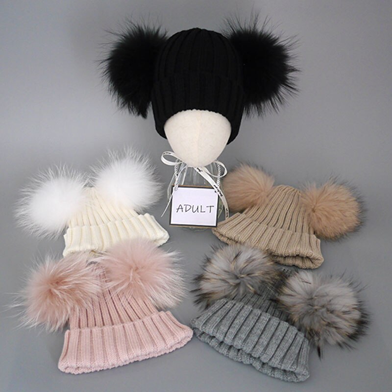 Volwassen Dubbele Bont Pompon Winter Hoeden voor Vrouwen Wol Blend Gebreide Heren Hoeden en Caps