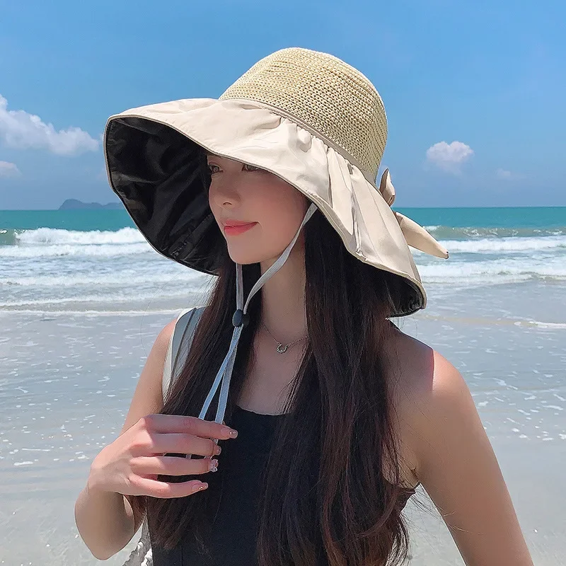 Cappelli da sole per donna all'aperto Cappello da sole estivo Berretto di protezione solare a tesa larga Resistente ai raggi UV Ombreggiatura per il viso da escursionismo: Beige