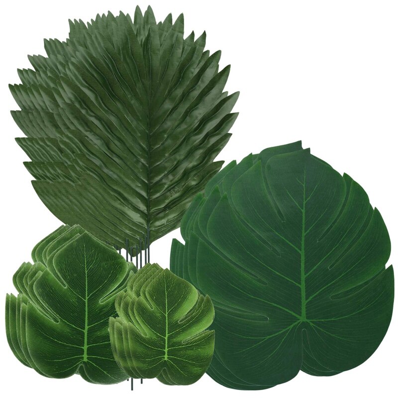48PCS Jungle Beach Theme Decorations Artificial Palm Leaves & Turtle Leaf Fern Plant with Stem for Hawaiian Party: Default Title