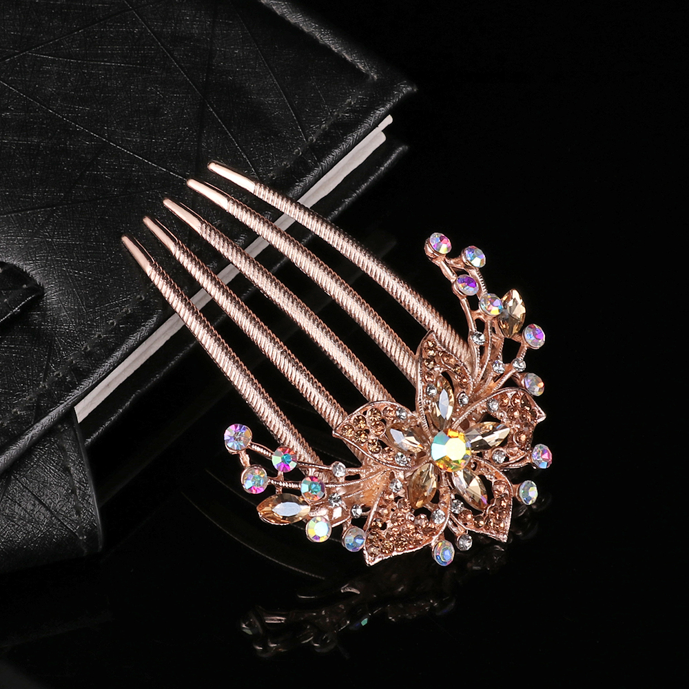 Peine de pelo con diamantes de imitación brillantes para mujer, horquilla de flores incrustadas, accesorios para la cabeza, joyería para el cabello de novia,