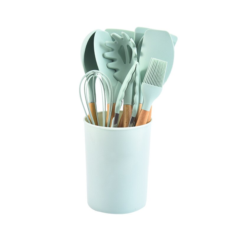 Cooking Utensils Set with Holder for Kitchen Non Stick 11 Pcs Cookware with Wooden Handle Cooking Accessory MAZI888: B