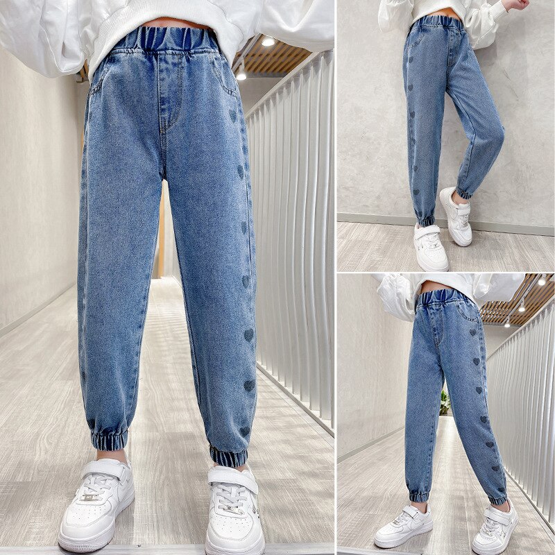 Jean pour filles, pantalon en Denim, motif cœur, décontracté, pour adolescentes de 6, 8, 10, 12 ans, collection printemps-automne