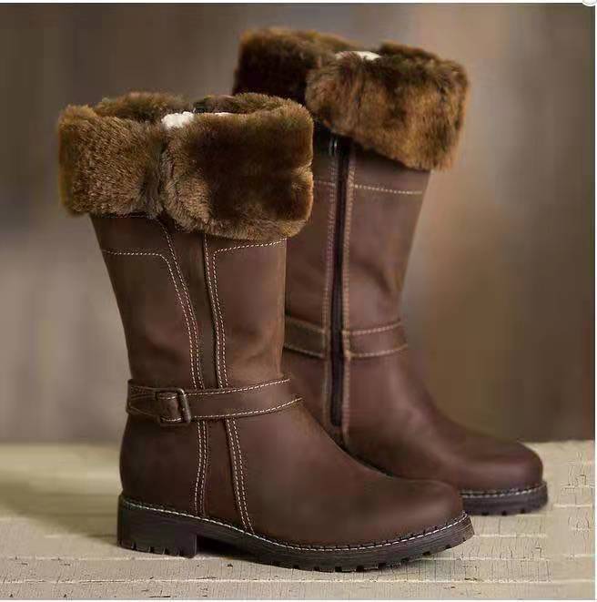 Kvinner knehøye støvler stor størrelse lave hæler sko støvletter gladiator vintage pu lær vinter snø varm sko botas mujer: Brun / 38
